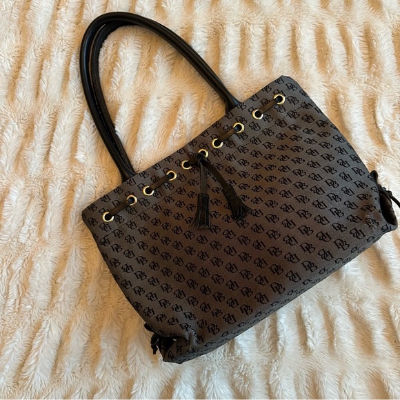 Y2K Vintage Dooney & Bourke Grey Black Monogram Handbag Canvas Shoulder Bag Tote - Picture 4 of 14